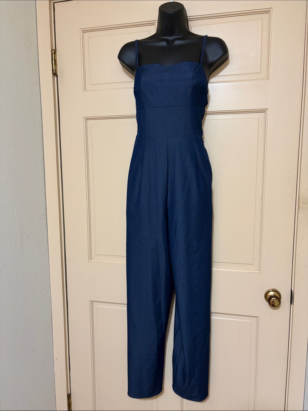 Trixxi Navy Square-Neck Spaghetti-Strap Jumpsuit